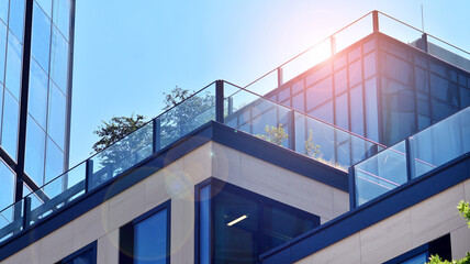 Plakat Modern glass office building with green leaves. Eco building and greens plants in city concept.