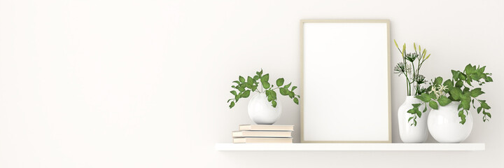 Empty picture frame mockup on a shelf with books and plants in porcelain vases. Web banner format...
