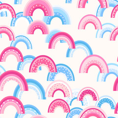 Trendy seamless pattern with colorful rainbow on color background. Design for invitation, poster, card, fabric, textile, fabric. Cute holiday illustration for baby. Scandinavian doodle style