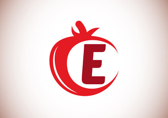 Initial E monogram alphabet with tomato. Tomato logo design template. Font emblem. Modern vector logo for organic food business, and company identity