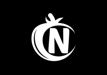 Initial N monogram alphabet with tomato. Tomato logo design template. Font emblem. Modern vector logo for organic food business, and company identity