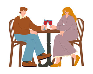 Happy loving couple on a date in a restaurant, having dinner and drinking red wine. Vector illustration in cartoon flat style.