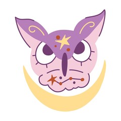 Owl purple hand drawn vector illustration. Mystic owl illustration with stars for kids