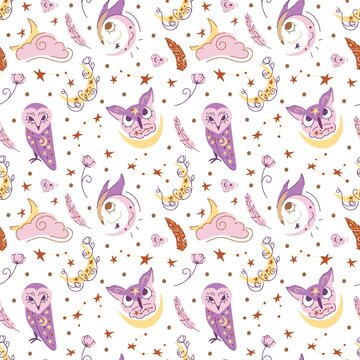 Cute owls seamless pattern. Mystic soft purple owls backdrop. Sleeping animals background
