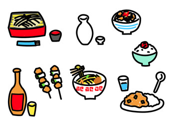 日本で人気の食べ物の詰め合わせイラストです。