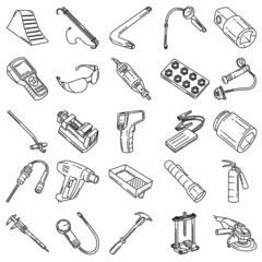 Mechanical Activity and Equipment Device Hand Drawn Icon Set Vector.