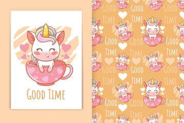 cute baby unicorn with teacup cartoon illustration and seamless pattern set