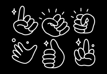 set of funny cartoon hand gesture illustrations. line illustration in white on black background. simple hand-drawn drawing of hand fingers.