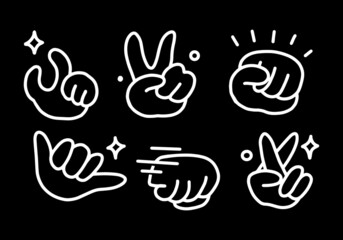 set of funny cartoon hand gesture illustrations. line illustration in white on black background. simple hand-drawn drawing of hand fingers.