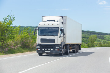 Fototapeta na wymiar Truck moves along a suburban highway