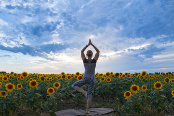 An elderly beautiful woman is engaged in yoga figures on the background of a field of sunflowe