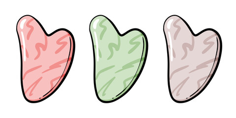 Gua sha massage scraper, quartz jade stone tool for face yoga, facial massaging, traditional asian acupuncture point massager, doodle cartoon vector illustration isolated on white. Vector illustration