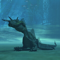 3d-illustration of an giant fantasy sea dinosaur underwater