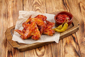 Chicken wings and french fries on wooden board