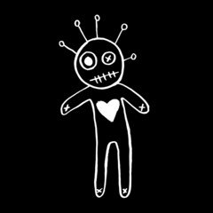 Vector image of a voodoo doll. Halloween. Calligraphic style. Brush strokes. Ink style. White on a black background. Doodle. Hand drawing. Minimalism