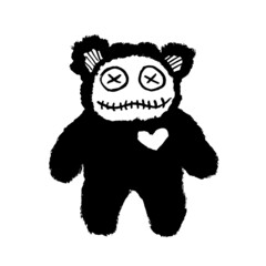 Vector image of a creepy teddy bear. Halloween. Calligraphic style. Brush strokes. Ink style. Black on a white background. Doodle. Hand drawing. Minimalism