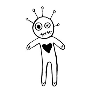 Vector image of a voodoo doll. Halloween. Calligraphic style. Brush strokes. Ink style. Black on a white background. Doodle. Hand drawing. Minimalism