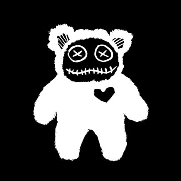 Vector image of a creepy teddy bear. Halloween. Calligraphic style. Brush strokes. Ink style. White on a black background. Doodle. Hand drawing. Minimalism