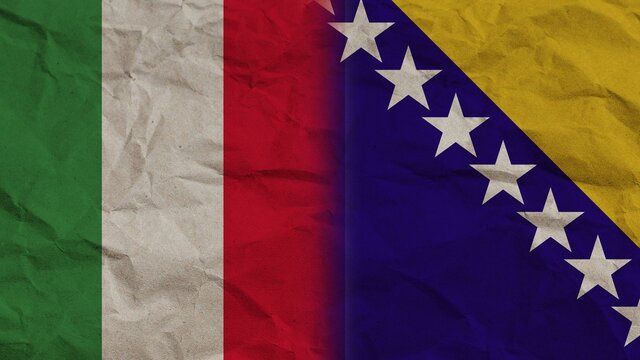 Bosnia and Herzegovina and Italy Flags Together, Crumpled Paper Effect Background 3D Illustration
