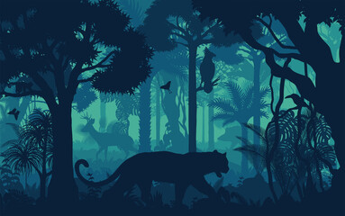 Vector evening tropical rainforest Jungle background with jaguar, harpy eagle, toucan, deer and hog - obrazy, fototapety, plakaty