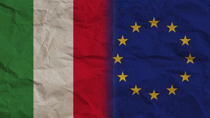 European Union and Italy Flags Together, Crumpled Paper Effect Background 3D Illustration