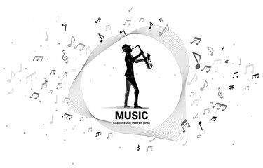Vector silhouette of saxophonist with music melody note dancing flow . Concept background for classic music concert and recreation.