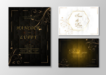     Luxury wedding invitation card template black, white and gold background elegant with geometric shape floral design