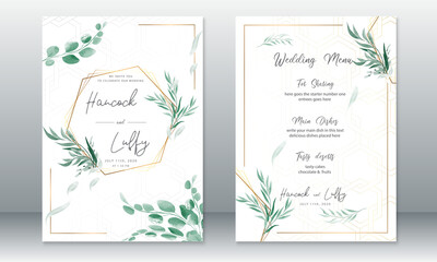 Fototapeta na wymiar Luxury wedding invitation card template. Elegant of golden with green leaf watercolor on white background
