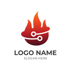 hot food logo design, flame and food, combination logo with 3d orange color style