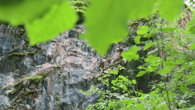 landscape marble mountain canyon ruskeala north climate .dynamic movement up .gimbal crane .concept rare natural resources, tourism.