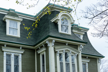 A vintage green wooden building with cream color trim, double hung windows, dormers, a green shingled roof. It's an old wooden home with multiple stories and a leafless tree and a blue sky. 