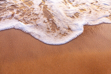 Sea waves and foam in sandy beach in evening.