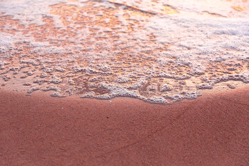 Sea waves and foam in sandy beach in evening.
