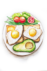 Vegetarian breakfast: poached egg toast, herbs, tomatoes and avocado.