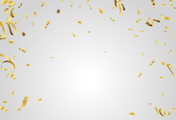 Festive design. Border of gold bright confetti isolated on white background. Party decoration frame for birthday, anniversary, celebration.