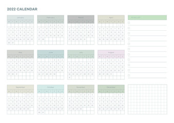 Note, scheduler, diary, calendar planner document template illustration. Calendar form for the year 2022.