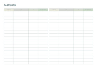 Note, scheduler, diary, calendar planner document template illustration. Website ID and password notepad form.