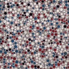 Seamless pattern of red white and blue circles packed tightly into sophisticated print. High quality illustration. Classy polka dot globe motif graphic design. Stylish elegant geometric orb material