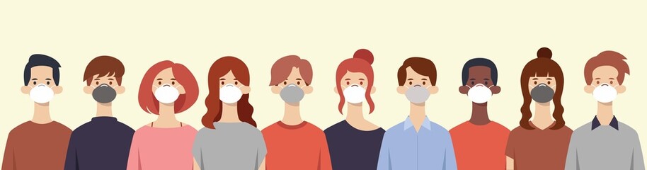 Peoples wear mask. Boys and girls wearing medical masks to prevent disease, flu, air pollution, coronavirus or covid19. Vector illustration in a flat style.