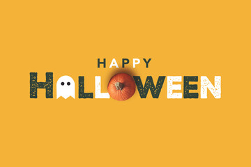 Happy Halloween Composition Text, Ghost Icon and Pumpkin Over Orange Horizontal Background with Copy Space, Concept for Halloween Holiday - Powered by Adobe