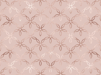 Geometric seamless pattern with rose gold decorative flower tiles.