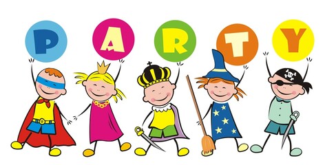 Party, happy kids and carnival masks, vector illustration on white background. Group of little girls and boys with text.
