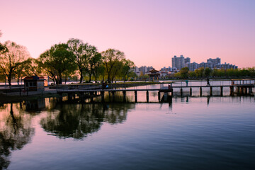 The city horizon against the setting sun