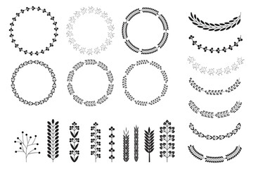 Wreaths spikelets set pattern for decorative design. Ear icon. Floral branch. Wedding decoration. Vector illustration. Stock image.
