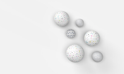 A pattern of white balls with a picture of emoticons on a white background. Top view. The composition is on the theme of games, children's, funny, cheerful. Modern minimal style. 3d rendering.