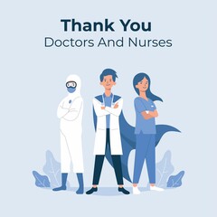 Thank you doctors and nurses for fight against covid-19 virus, you all are real heroes, vector illustration flat style