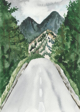 Watercolor landscape with a road in the mountains with spruces and pines