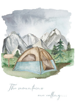 Watercolor premade card with a tent in the mountains Mountains are calling