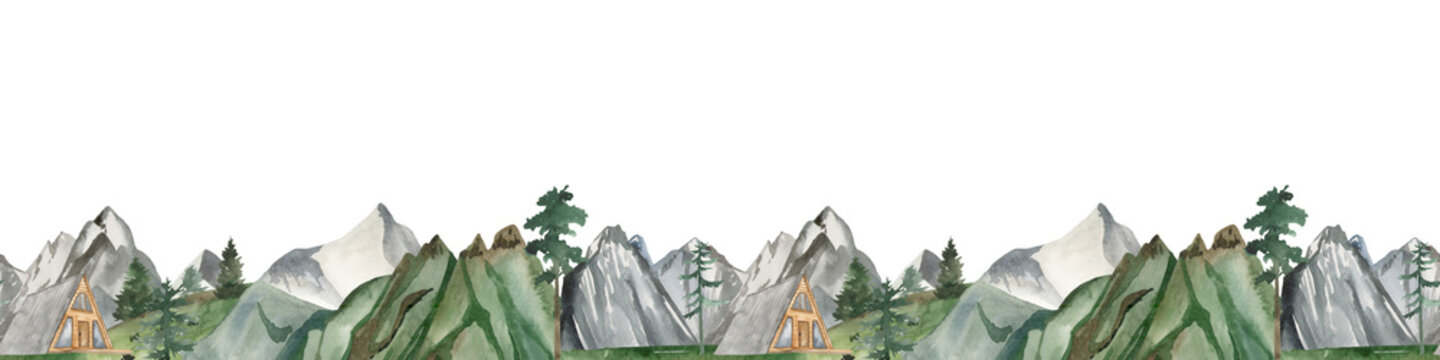 Watercolor seamless border with mountains, house in the mountains, pines, firs