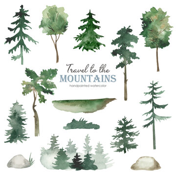 Watercolor set Travel to the mountains with trees, firs, pines, stones